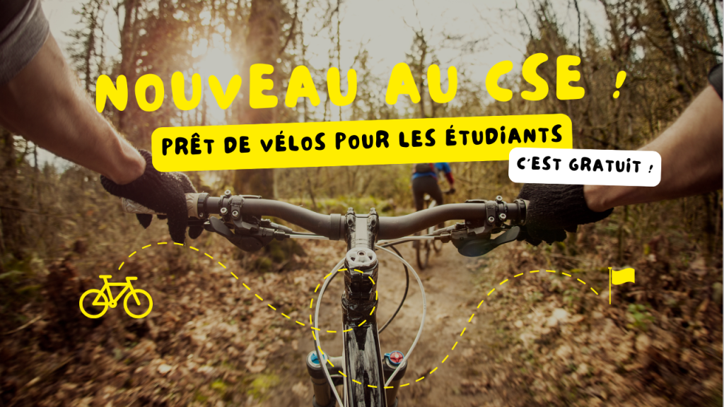 Vélo en forêt avec titre "prêt de vélo gratuit pour les étudiants"